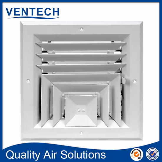 Diffusore quadrato a soffitto con mandata d'aria multidirezionale regolabile con feritoia in alluminio